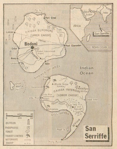 A black-and-white map of the fictitious island nation of San Seriffe, as published in The Guardian on April 1, 1977. The map is full of typographic puns, and the two islands are shaped like a semi-colon.