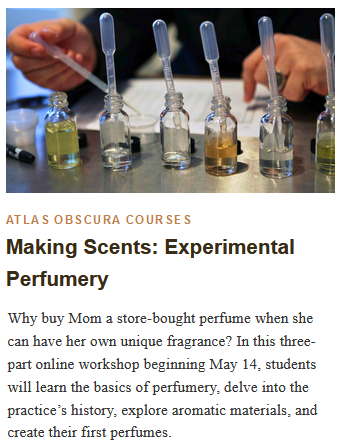 
Atlas Obscura Courses
Making Scents: Experimental Perfumery

Why buy Mom a store-bought perfume when she can have her own unique fragrance? In this three-part online workshop beginning May 14, students will learn the basics of perfumery, delve into the practice’s history, explore aromatic materials, and create their first perfumes. 

Led by Saskia Wilson-Brown, the founder and director of The Institute for Art and Olfaction, this course will provide an expansive overview of perfumery that introduces the technical and foundational information you'll need for your practice. Starting with important social context for the global history of perfumery, the class will go on to cover fragrance families & taxonomies, materials of natural & synthetic origin, diluents, and the basics for a safe and happy practice. Importantly, we'll do the hard, fun work of smelling, discussing each material in the kit through an intensive process of sensorial evaluation. Finally, we'll create several introductory perfume formulas, and gain an understanding of how to expand from there, and we'll wrap up the course with a glimpse into the perfume industry with a focus on independent & experimental practices. Overall, Saskia provides a humor-laced, facts-based introduction to the art & science of working with scent that also serves as an intensive primer for what we hope will become your favorite new practice. Get your noses ready. Let's explore the challenging, technical, and magical world of perfumery!
