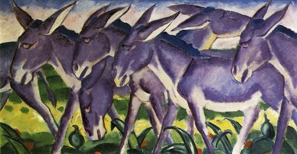 Style: Expressionism
Genre: animal painting
Media: oil, canvas
Location: Private Collection
Dimensions: 81 x 150 cm
oil painting depicting a drove of blue-grey and white donkeys walking through a green landscape with blue sky behind
