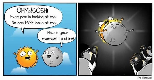 A two-panel cartoon from The Oatmeal.
In the first panel, a blue sky with the personified Sun thrilled, saying, “OHMYGOSH! Everyone is looking at me! No one EVER looks at me!”
The Moon is next to it, smiling, saying, “Now is your moment to shine!”

Oh the second panel, the Moon has jammed itself in front of the Sun, arms open and with a happy look on its face, as the sun looks desperate behind it, struggling to be seen.

Below, in the dark, people in eclipse glasses record the moment on their phones.