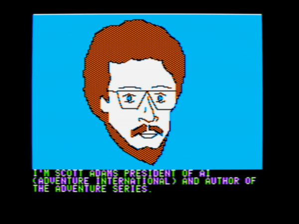 Apple II screenshot with hand-drawn illustration of a bearded guy, captioned "I'm Scott Adams, president of AI (Adventure International) and author of the adventure series"