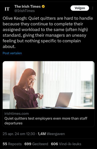 A screenshot of The Irish Times post about 'quiet quitters'. It reads: Quiet quitters are hard to handle because they continue to complete their assigned workload to the same (often high) standard, giving their managers an uneasy feeling but nothing specific to complain about.