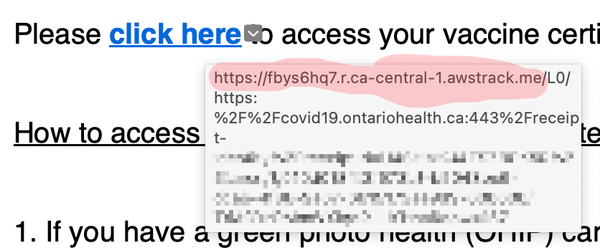 Screenshot of the pop-up that shows the URL for the link to click. The actual Ontario government portal is in there somewhere, but the top level domain is an external organization, awstrack.me.