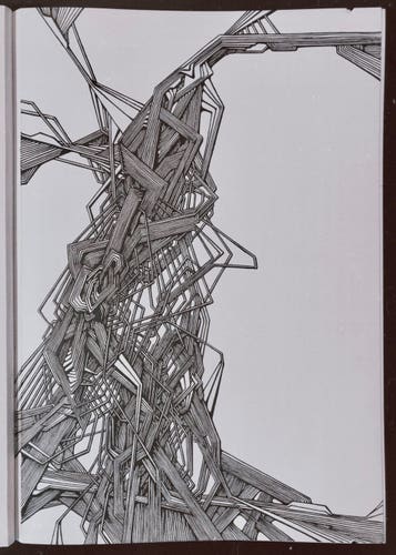 A black and white, abstract ink drawing on paper. Repeated, straight and angular lines form a sort of wooden structure/sculpture that would be impossible to exist in our notion of Euclidean space -- folding in on itself, feeding back on itself.