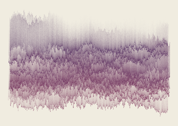 Generative art made using the R programming language. Thousands of thin, parallel, overlapping, vertical lines transition from dark purple to magenta from the top to bottom of the piece. Groups of lines create jagged peaks, with darker portions giving the impression of shadows. The lines fade away at the top of the piece like streaks of watercolour paint.