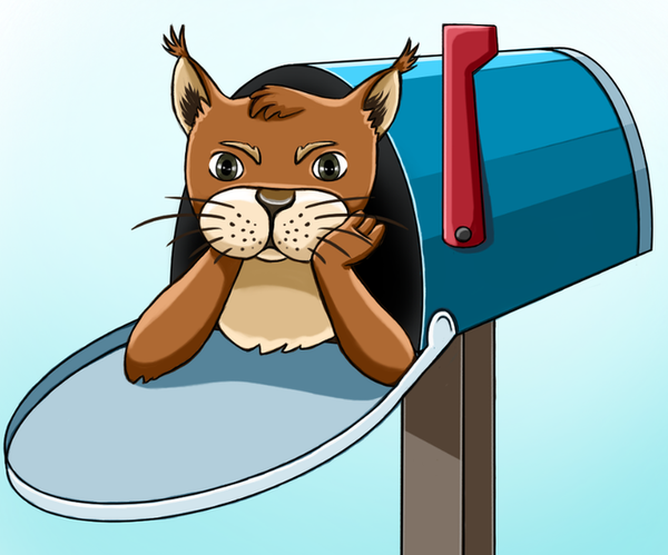 Simple cartoon style drawing of a squirrel inside a blue mailbox, lying in pose similar to dog in a doghouse.