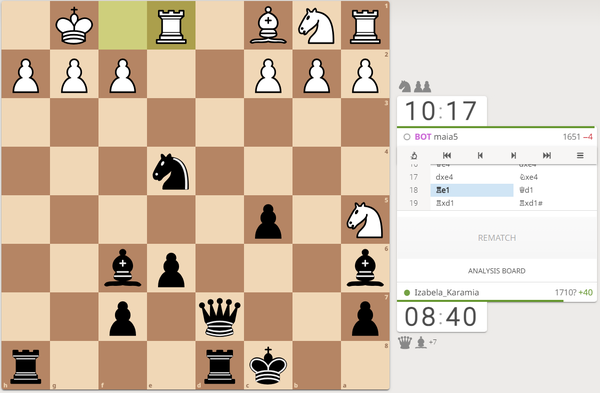 Chess position from a game against the maia5 bot on Lichess. Black has a move to sac the queen and win.