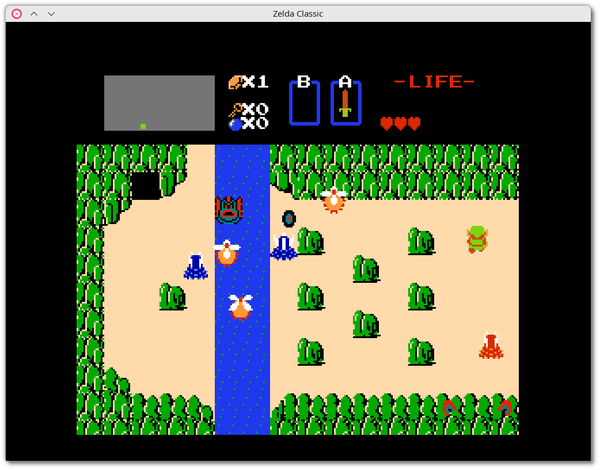 🕶️ The game screen is very small (corresponding to the specifications of the NES, whose display is 256×240 pixels). A bird's-eye view of a Zelda-style game, where Link (the protagonist) is walking along a paved road, approaching a house in the middle of the woods. A mini-map at top left suggests a very large map.

📚️ ZQuest Classic is a libre, multi-platform, mature action-RPG engine, that comes with a clone of the NES version of The Legend of Zelda (1986, Nintendo). It lets you play numerous games (700 quests as of June 2023, mostly Zelda-like) designed by the community, and easily develop them thanks to its comprehensive, intuitive editor, which requires no programming (apart from the optional scripting language for extended functions), and also delivers data sets (traditional/improved). The project has brought together a community that has developed significant content, and its development is sustained.