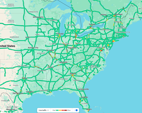 A map of the United Stats showing current traffic conditions. The path of the April 2024 totality can be made out by areas of heavy traffic, although the effect is not extreme.
