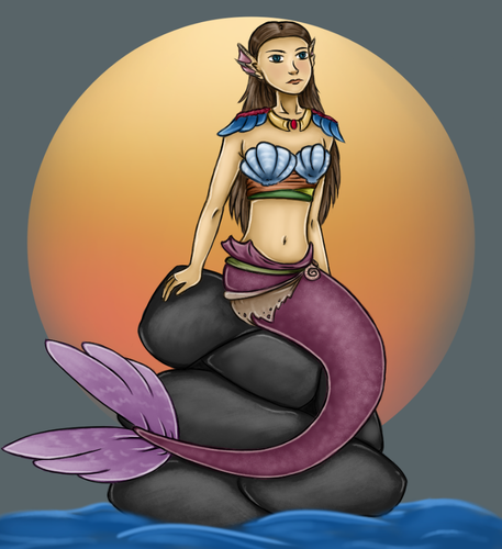 Cartoon style drawing of a mermaid sitting on a rock above the water. The mermaid has long brown hair, ears in fin-like shape and purple tail with big fin on its end. She is wearing shells, leather scraps and golden necklace with red stone. There is orange circle, like setting sun, in the background behind her.