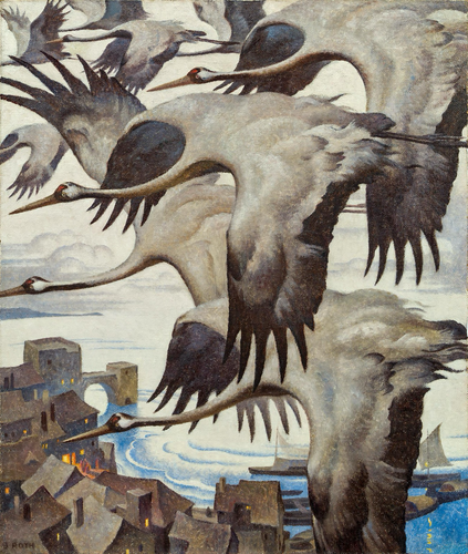 oil painting depicting a closeup of a migrating flock of birds (Red-Crowned Cranes) flying over a seascape village, elements of Japonisme art style