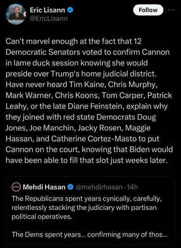 A tweet from Eric Lisann about how 12 Dem Senators voted to confirm unqualified candidate Loose Cannon in the lame duck session knowing that she would oversee #DonTheCon's district.