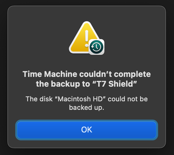 modal dialog saying Time Machine couldn’t complete its backup