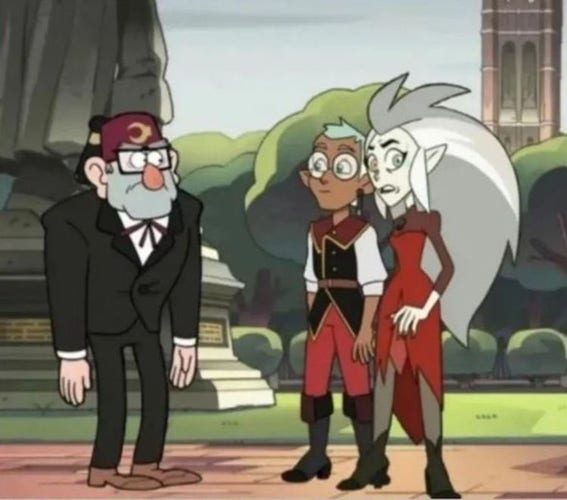 Stan from Gravity Falls staring at Eda and Raine from the Owl House. Eda looks annoyed.
