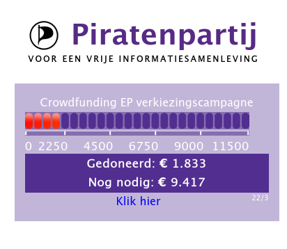 Steun de Piratenpartij met een gift voor deelname aan de Europese verkiezingen 2024

We hebben al € 1.833 binnen. Dank aan de gulle gevers! Nog € 9.417 te gaan in 10 dagen. #EP2024