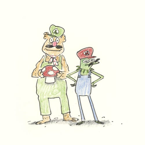 A cartoon illustration of Kermit dressed as Nintendo's Mario and Fozzie dressed as Luigi, holding a mushroom.