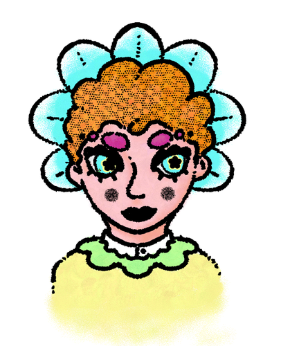 illustration d'un personnage au teint rose. Il a des cheveux oranges, des sourcils violet, la pupille des yeux en forme de fleur, et des pétales bleus derrière la tête. 