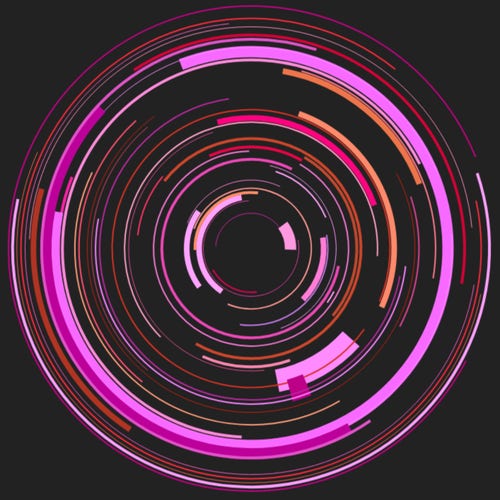 50 randomized concentric arcs of different radial extent in various shades of pink, purple, red, orange on dark gray background...