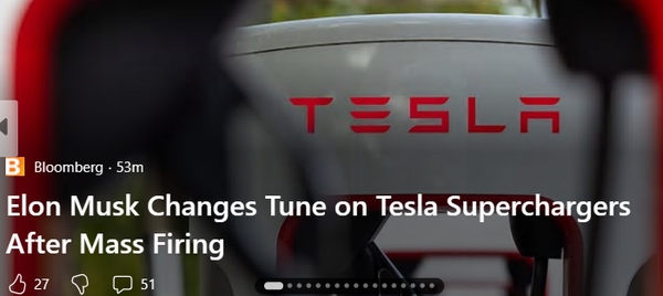 Bloomberg 53m

Elon Musk Changes Tune on Tesla Supercharging After Mass Firing