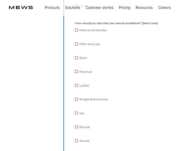 Screenshot of Mews career website asking for your sexual orientation and providing multiple choices