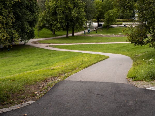 A pedestrian path winding down a hill through a park.