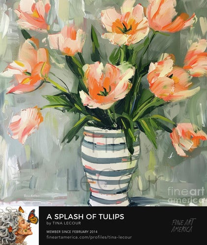 This is a thick stroke painting of some whimsical orange tulip flowers in a gray and white striped vase with a muted gray background. 