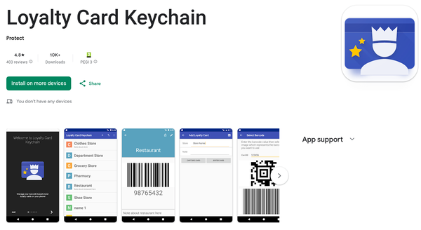 A screenshot of "Loyalty Card Keychain" by "Protect" on Google Play, a GPL-licensed Open Source app: https://github.com/brarcher/loyalty-card-locker
