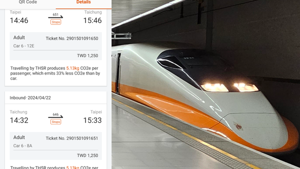 Rechts ein Shinkansen Schnellzug in Orange und Weiss und Links ein Screenshot der Ticketapp, die die Verbindung und die CO2 Emissionen zeigt.