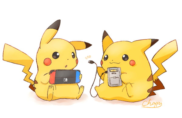 Fat Pikachu (gen 1 Pikachu design) offering modern Pikachu the other end of their original GameBoy Link Cable (Which won;t work, since modern Pikachu is holding a Switch)