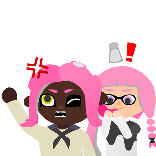 An inkling girl tasting an angry octoling girl's hair and realizing it's salty
