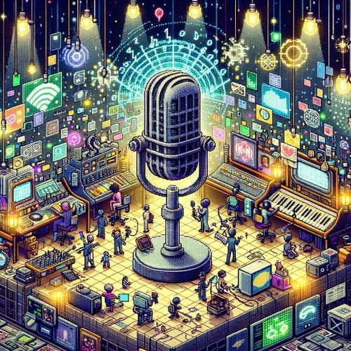 Pixel art illustration of a retro-futuristic recording studio with a prominent vintage microphone, surrounded by people operating various electronic equipment, with digital symbols and icons floating above.