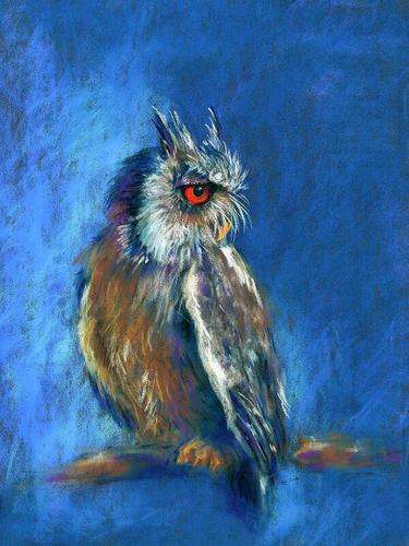 Owl in front of a blue night sky is a pastel painting painted by the artist Karen Kaspar. An owl sits on a branch and looks to the right. The bird's plumage is painted in shades of brown, blue, grey and white. The animal has a yellow beak and eyes in bright orange.
The background is abstracted and painted in different shades of blue.