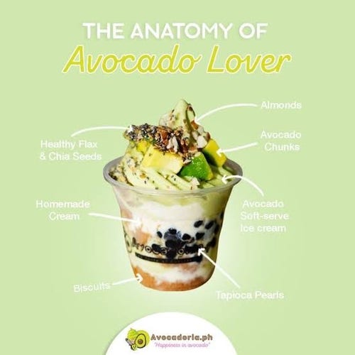 Avocadoria's avocado lover with flax and chia seeds, almonds, avocado chunks, avocado ice cream, and crushed biscuits