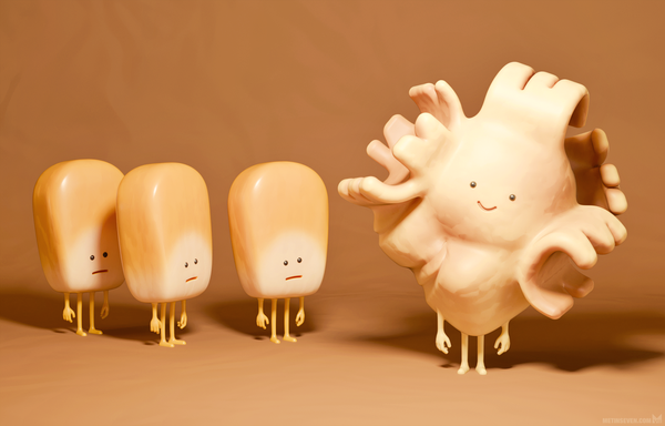 Cute, cartoon-style 3D illustration featuring three corn characters, wonderingly looking at a popcorn character.