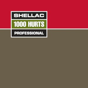 The cover of 100 Hurts by Shellac. A red rectangle over a brown rectangle. The name of the band and album is placed in an inset rectangle divided into 3. The bottom third contains the word Professional.