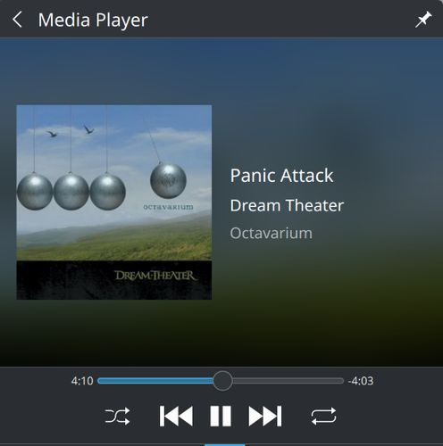 KDE Plasma widget player showing Panic Attack by Dream Theater playing.