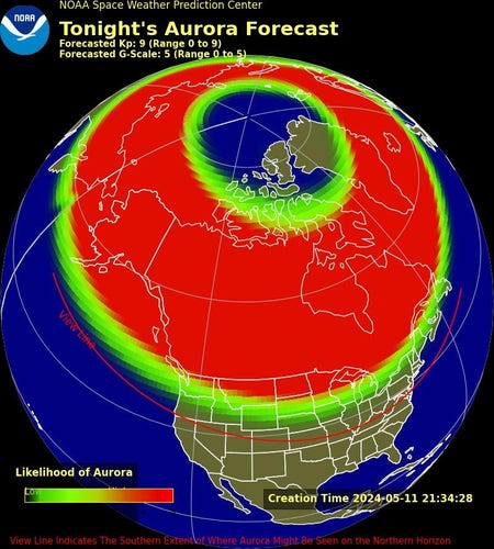 NOAA Space Weather Prediction Center Aurora Forecast for 2024-05-11. The viewline dips down to southern Illinois