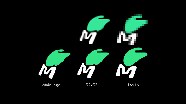 The image is about the logo for my website, which is an abstract green dragon head silhouette holding a white capital letter M in its mouth. Three different versions are shown: the main logo, and two versions where the outlines have been distorted for better legibility at 32x32px and 16x16px respectively. Both pixelated and non-pixelated versions of the latter two are shown, to showcase the outlines used to produce the pixelated results.
