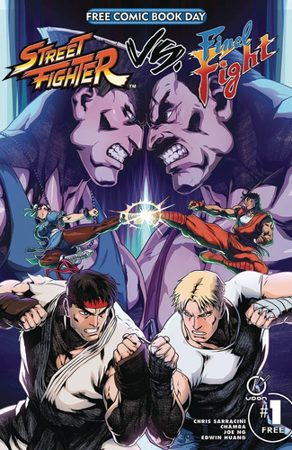 The image is the cover of a comic book that is part of a special event, "Free Comic Book Day." The title of the comic is "Street Fighter VS. Final Fight," indicating a crossover between two popular fighting game franchises, "Street Fighter" and "Final Fight."

The artwork features intense close-up depictions of two characters, likely representing the protagonists or significant characters from each franchise, engaged in a fierce battle, as seen by their clashing fists that are emitting a burst of energy.

Below this central image, there are additional characters from both game series depicted in fighting stances, suggesting that more characters from each franchise will be involved in the story. Ryu, a well-known character from "Street Fighter," is shown on the left, and Cody, recognizable from "Final Fight," is on the right. A female character, who could be Chun-Li from "Street Fighter," is also featured in the background.