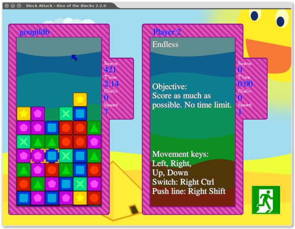 🕶️ A view of the single-player IU (v.2.2.0): very colorful, divided into 2 zones for both single-player (in this case, the zone on the right is occupied by a reminder of the game mode - in this case: endless, the objective - in this case to achieve the best score without time limit, and a reminder of the keys used) and multiplayer (in this case, the 2nd player plays in the zone on the right). Each zone contains cubes of different colors and patterns, which each player tries to match. 

📚️ Block Attack - Rise of the Blocks is a libre, multi-platform, solo (IA) / multiplayer (2 in hotseat) Tetris Attack, whose objective is to prevent a column of rising blocks from reaching the top of the interface. The blocks are eliminated by their horizontal or vertical assembly in groups of 3 with the aid of a cursor allowing a horizontal permutation (only) of 2 blocks between them. The game offers 5 single player modes, 2 multi modes and a puzzle mode (30 puzzles), an editor, a soundtrack, and joystick and mouse support. Quite difficult. Good realization.