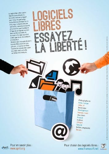 Affiche Logiciels Libres, essayez la liberté ! réalisée pour #april, il y à fort fort longtemps, avec des logiciels libres bien sûr !