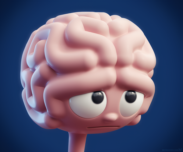 Cartoon-style 3D brain character design with an anxious glance in its large eyes.