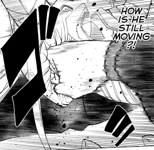 Black and white manga screenshot from Mashle: Magic and Muscles, Chapter 153. Zoomed in image of a fist punching Innocent Zero in the face. The face is warped to the shape of the fist. There are words in the foreground which read, "How is he still moving?!"