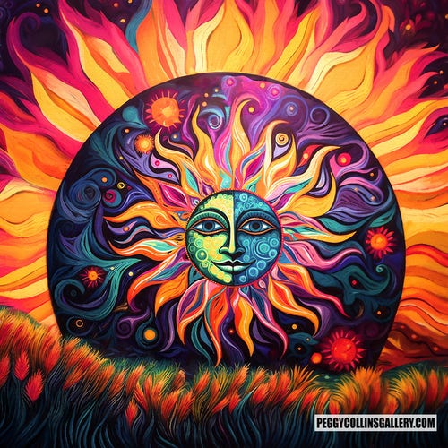 Colorful artwork of a sun face with blazing sun rays in honour of the total eclipse on April 8, 2024, by artist Peggy Collins.