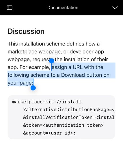 Screenshot of Apple Documentation

This installation scheme defines how a
marketplace webpage, or developer app
webpage, request the installation of their
app. For example, assign a URL with the
following scheme to a Download button on
your page: