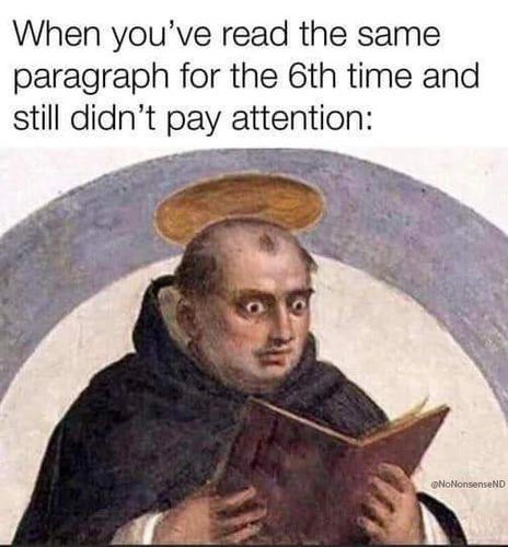 A painting of a monk with a halo who is reading a book. His eyes are wide open in an exaggerated way. A caption above reads, “When you’ve read the same paragraph for the 6th time and still didn’t pay attention”.