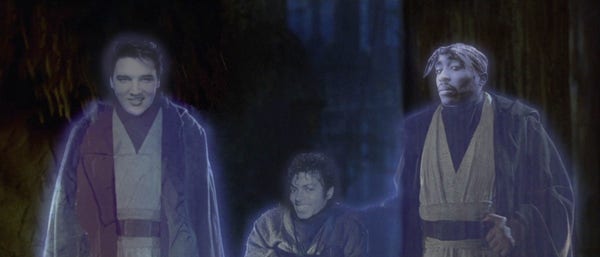 A film still from Star Wars Episode VI: three Jedi master ghosts, with the heads of Elvis Presley, Michael Jackson, and Tupac Shakur