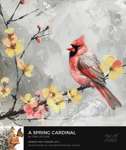 This is a painting of a beautiful Northern Cardinal bird perched in some yellow spring blossom flowers.