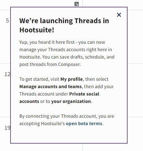 Pop-up notification announcing the launch of Threads in Hootsuite with instructions on how to start using the feature, along with a mention of open beta terms.