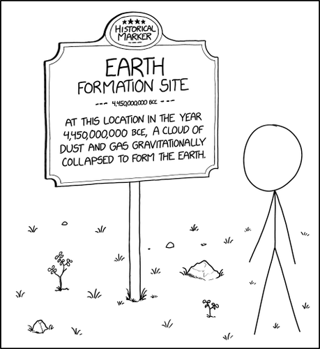 A sign supposedly marks the location where Earth formed.  It says, "Earth formation site. 4,450,000,000 BCE.  At this location in the year 4,450,000,000 BCE, a cloud of dust and gas gravitationally collapsed to form the Earth."